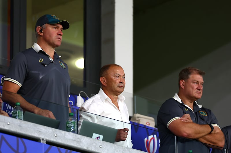 Australia head coach Eddie Jones looks on fduring the Rugby World Cup match against Portugal at Stade Geoffroy-Guichard in Saint-Etienne. Photograph: Chris Hyde/Getty Images