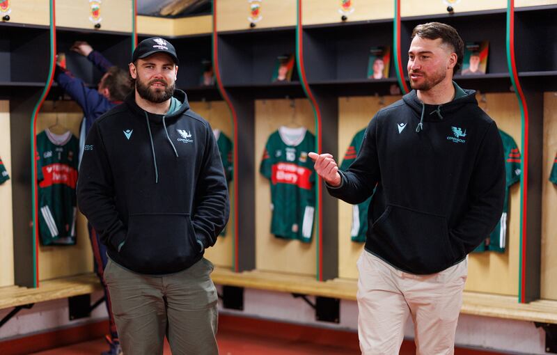 Connacht's Shamus Hurley-Langton and Shayne Bolton in the Mayo dressing room at MacHale Park. Photograph: James Crombie/Inpho