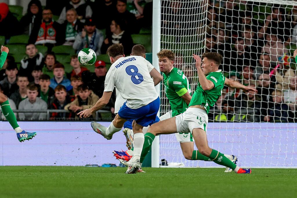 Greece's Fotis Ioannidis scores the opening goal during the Nations League Group B2 game against the Republic of Ireland at the Aviva Stadium. Photograph: Morgan Treacy/Inpho