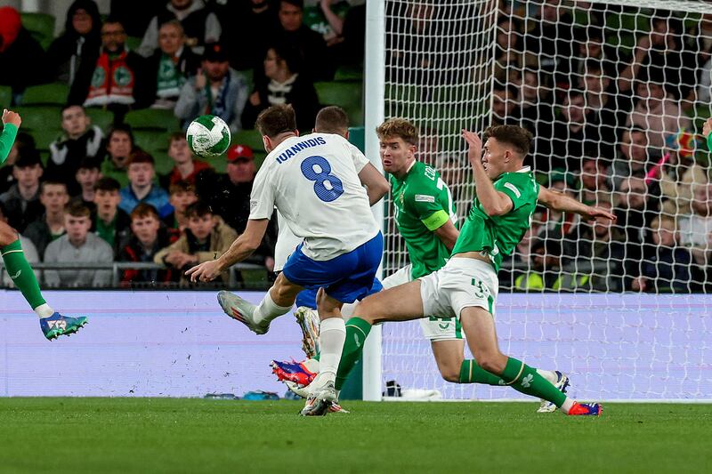 Uefa Nations League Group B2 at the Aviva Stadium, Dublin. Greece's Fotis Ioannidis scores last Tuesday evening against Ireland. Photograph: Morgan Treacy/Inpho