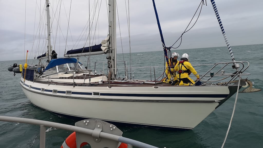 Rescuers aboard the 48ft ketch which was taking on water and in danger of sinking off the north Dublin coast. Photograph: Howth RNLI
