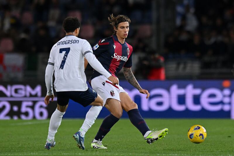 Riccardo Calafiori of Bologna FC competes for the ball with Felipe Anderson. Photograph: Alessandro Sabattini/Getty