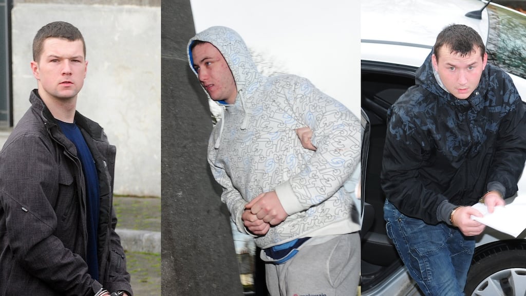 Left to right are Matthew Cummins (22), of Churchview Heights, Edenderry, Co Offaly; Sean Davy, (21), of Clonmullen Drive, Edenderry, and James Davy (25), of Thornhill Meadows, Celbridge, Co Kildare, who have been found guilty of the murder of Thomas “Toddy” Dooley. Photographs: James Flynn