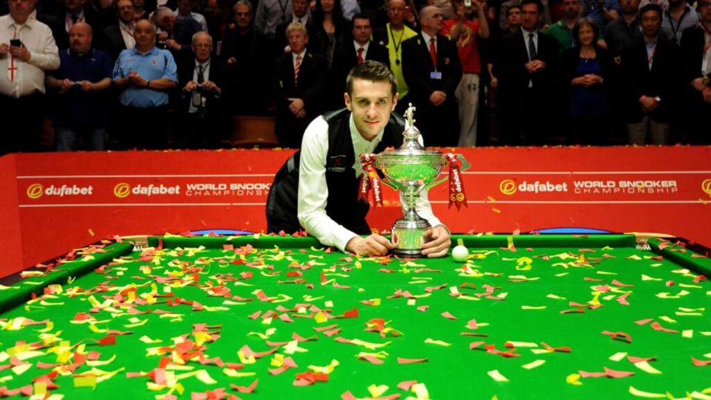 Mark Selby celebrates after winning the final of the Dafabet World Snooker Championships at The Crucible, Sheffield.Photograph: Anna Gowthorpe/PA Wire