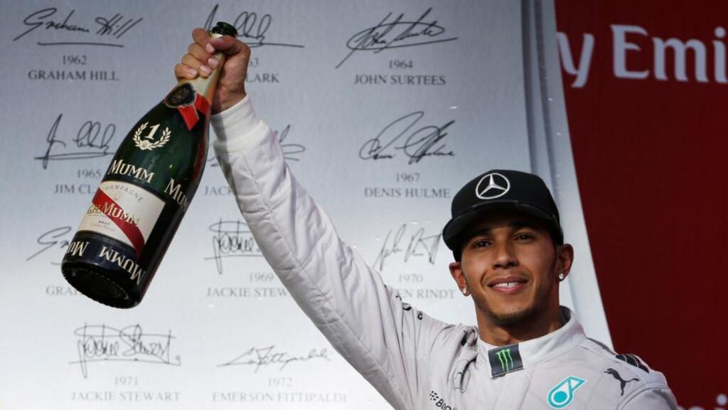 Mercedes driver Lewis Hamilton celebrates after winning the US Grand Prix at the Circuit of the Americas on November 2nd. Photograph: AP Photo