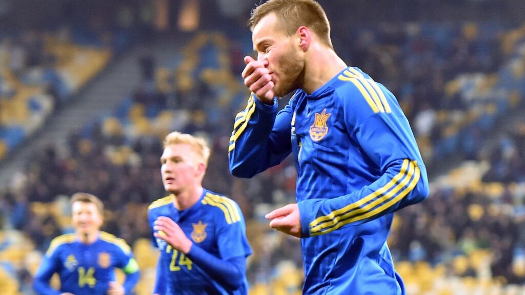 Andriy Yarmolenko celebrates after scoring for Ukraine in the international friendly match between against Wales at Olimpiyskiy stadium in Kiev. Photograph: Sergei Supinsky/AFP/Getty Images