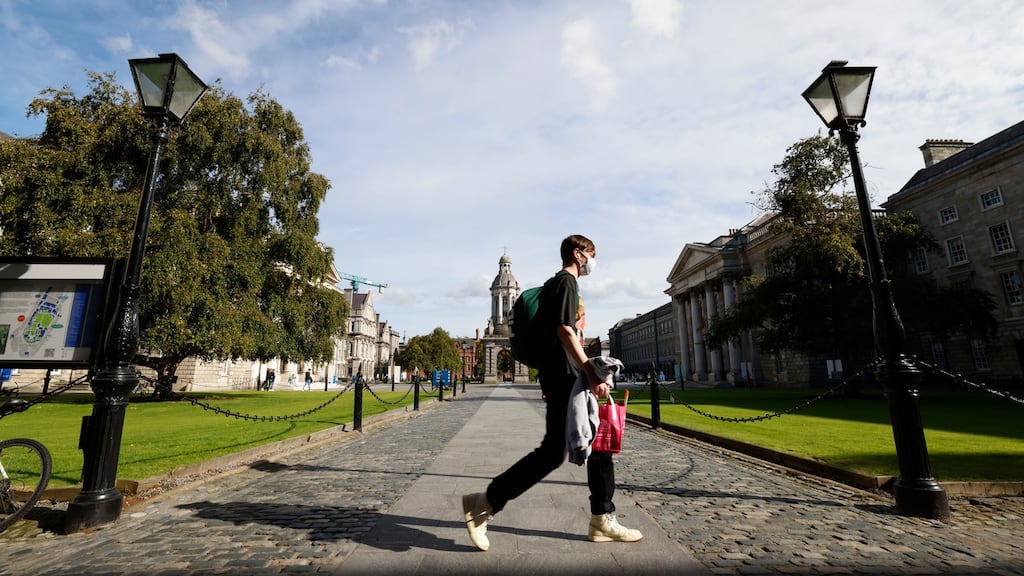 First year post grad student Brian Redmond at Trinity College Dublin main square as students return to campus. Photograph: Alan Betson / The Irish Times