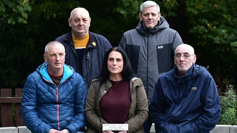 Children of Jean McConville (back row) Archie, James, and (front row) Michael, Susie and Thomas in Belfast in 2019. Photograph: Colm Lenaghan/Pacemaker