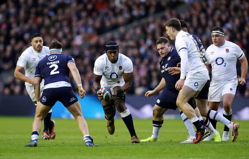 England's Maro Itoje with the ball while under pressure from George Turner of Scotland during the Six Nations match at Murrayfield Stadium last February. Photograph: Getty Images