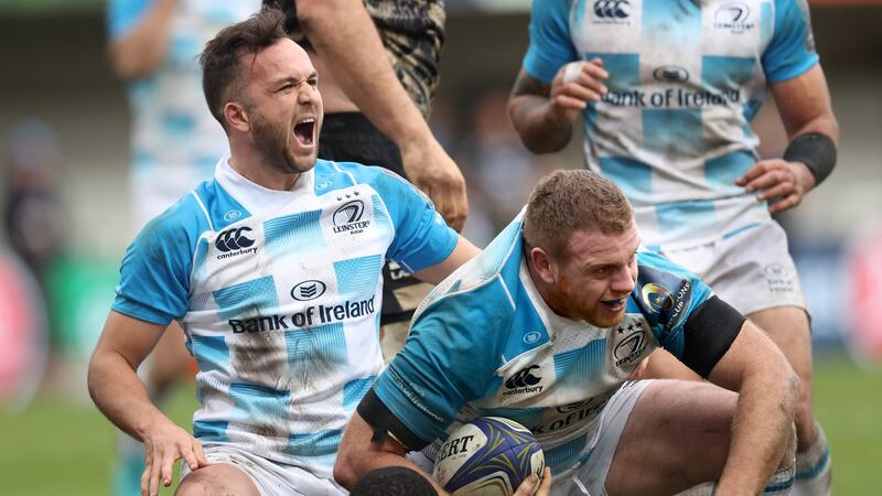 Leinster’s Sean Cronin celebrates his try with Jamison Gibson-Park in their Champions Cup win over Montpellier. Photo: Billy Stickland/Inpho