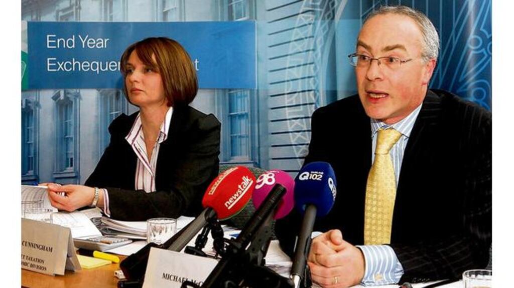 Announcing the exchequer returns yesterday at the Department of Finance were officials Emma Cunningham and Michael McGrath. The exchequer deficit stood at €24.6 billion at the end of 2009, compared to a deficit of €12.7 billion at the end of 2008.