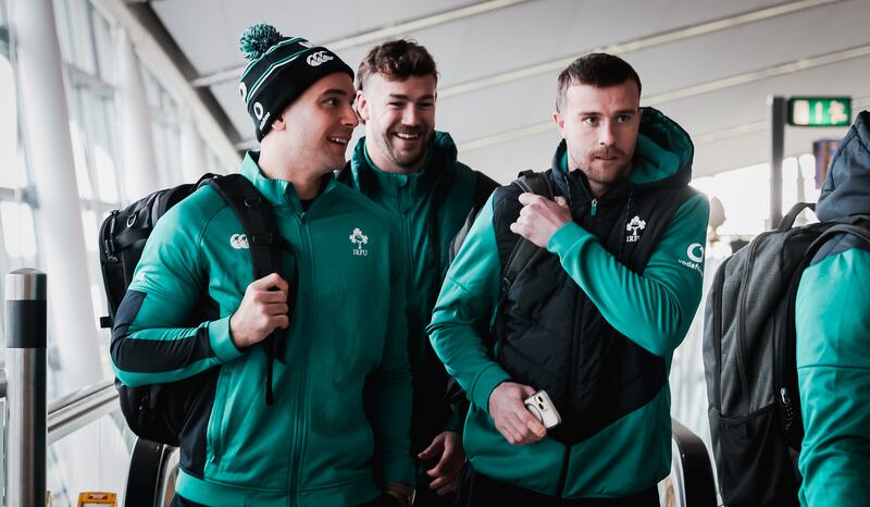 James Lowe and Mack Hansen on their way to Scotland with Ireland. Photograph: Nick Elliott/Inpho