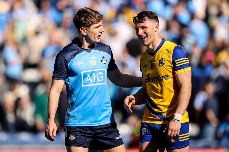 Dublin's Michael Fitzsimons with Ruaidhrí Fallon of Roscommon after the game ends in a draw. Photograph: Ben Brady/Inpho