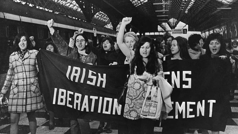 Women activists in Connolly Station, Dublin, in May 1971 on their way to Belfast to buy contraceptives