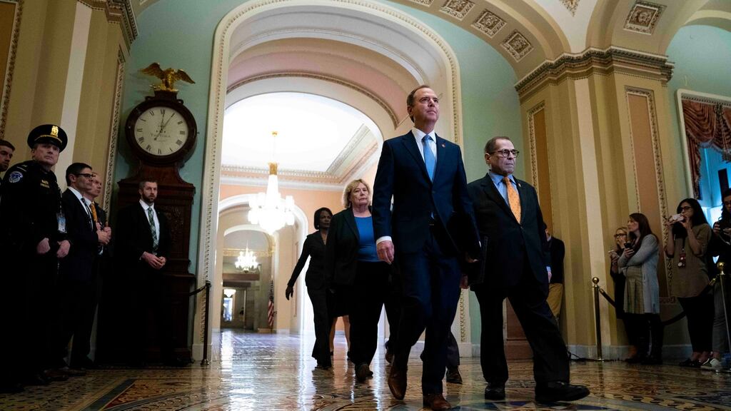 House of Representatives impeachment managers walk to the Senate chamber on Thursday to begin the impeachment trial of US president Donald Trump. Photograph: Doug Mills/New York Times