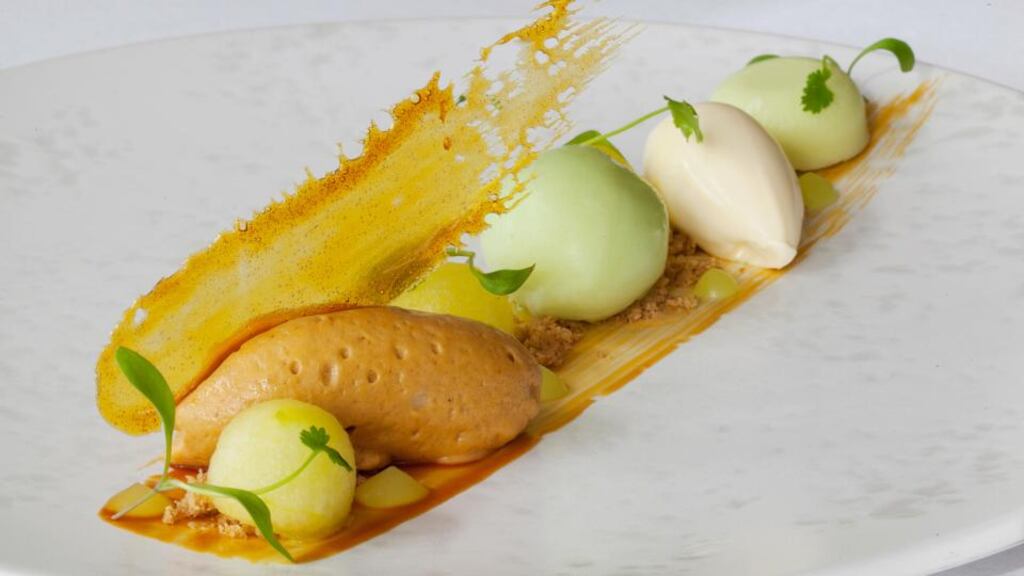 Irish Atlantic Sea Salt caramel mousse and Stonewell cider sorbet, from the Irish Food Writers’ Guild awards lunch at L’Ecrivain on Wednesday. Photograph: Paul Sherwood