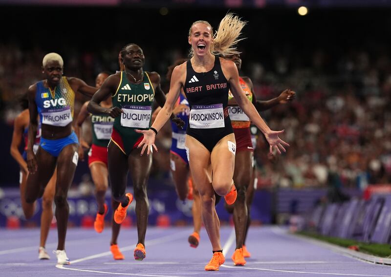Great Britain's Keely Hodgkinson celebrates winning the women's 800m final at the Stade de France. Photograph: Martin Rickett/PA Wire