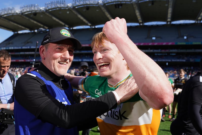 Offaly joint manager Mickey Harte celebrates with Cormac Egan after beating Kildare in the NFL Division 3 final. Photograph: James Lawlor/Inpho
