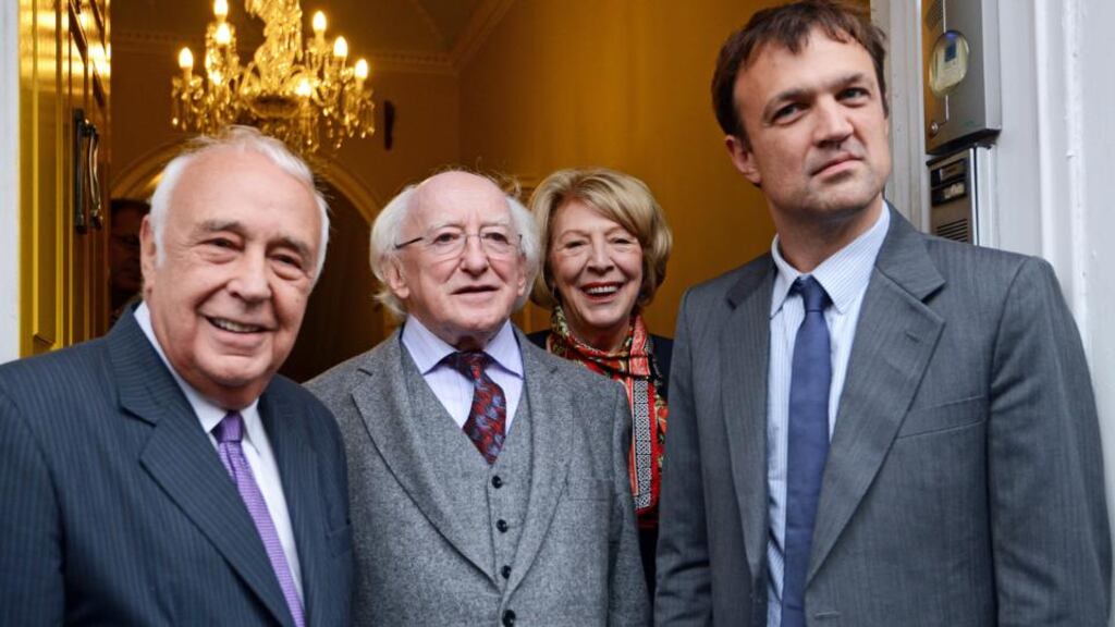 President Michael D Higgins and Sabina Higgins, with Robert Skidelsky (left) and Edward Skidelsky, at the Institute of International European Affairs. Photograph: Eric Luke