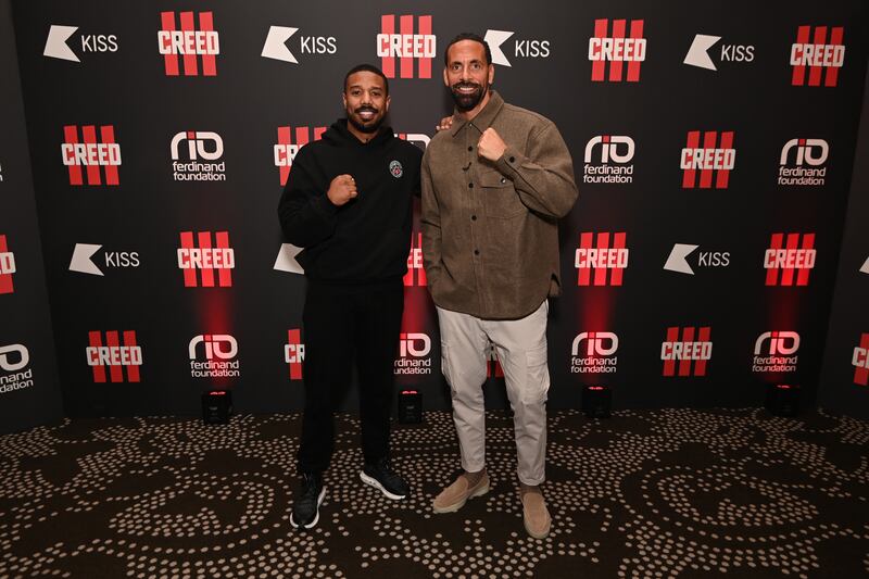 Rio Ferdinand with Michael B Jordan (left) at a Creed III 'Into The Film Industry' workshop with Warner Bros Pictures in affiliation with the Rio Ferdinand Foundation. Photograph: Kate Green/Getty Images