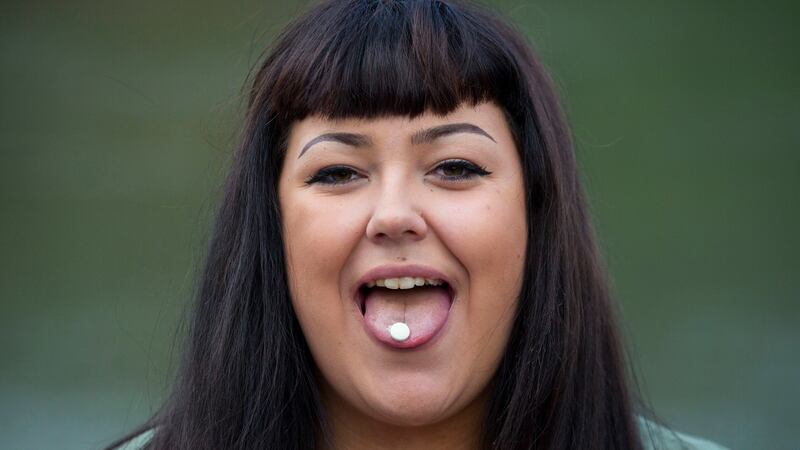 Courtney Robinson of Labour Alternative with an abortion pill which was delivered by a drone:  “We are here to say we are going to defy the law in helping women obtain these pills.” Photograph: PA