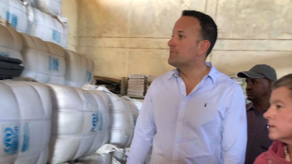 Taoiseach Leo Varadkar visits  some of the stores in the redistribution centre in the Mai Aini refugee centre in Northern Ethiopia. Photograph: Harry McGee