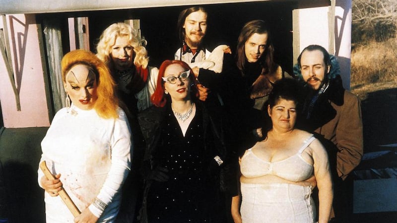 The Dreamlanders, including Divine (front left), Mink Stole (front centre) and John Waters (back 3rd from left) on the set of Pink Flamingoes