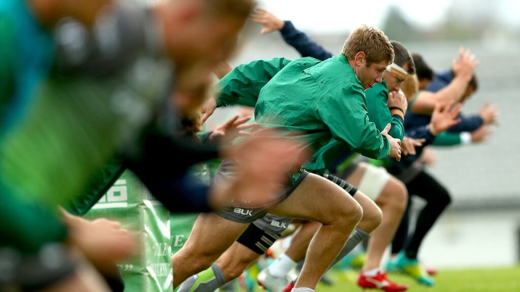 Kyle Godwin and the Connacht squad are put through their paces in training on Tuesday. Photograph: James Crombie/Inpho