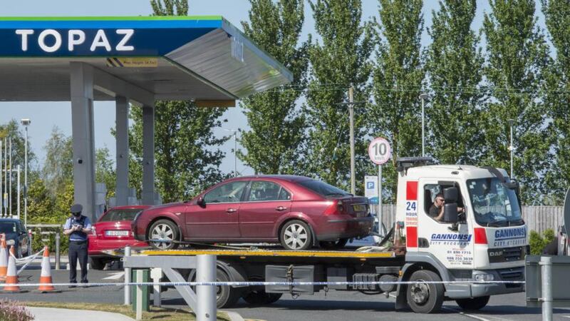 A car in which James ‘Mago’ Gately was shot in 2017 was removed from a petrol station on Clonshaugh Road in Dublin. Photograph: Brenda Fitzsimons