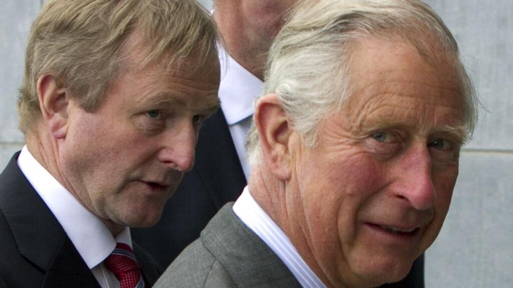 Prince Charles and Enda Kenny arrive at the Marine Institute in Oranmore, Galway, west Ireland on May 19, 2015. Prince Charles became the first British royal to meet Irish republican leader Gerry Adams, on a visit that will take him to the scene of his great-uncle’s murder by the IRA. AFP PHOTO / COLM MAHADY / FENNELLS
