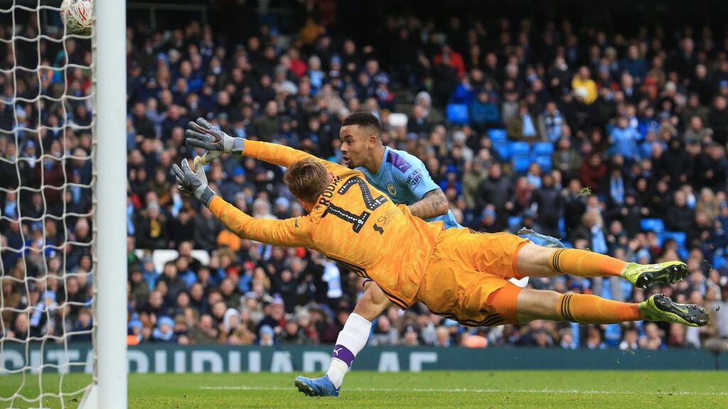 Gabriel Jesus rounds off the scoring for Manchester City against Fulham. Photograph: Lindsey Parnaby/Getty/AFP