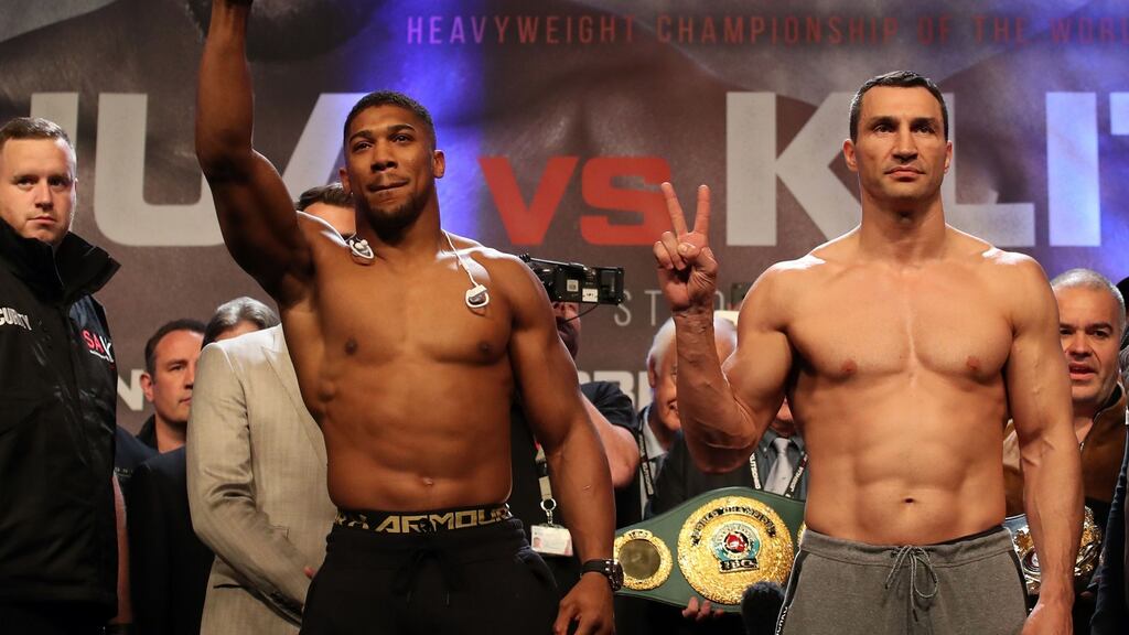 Anthony Joshua and Wladimir Klitschko during the weigh-in at Wembley Arena, London prior to Saturday night’s fight at Wembley Stadium. Photograph: Nick Potts/PA Wire