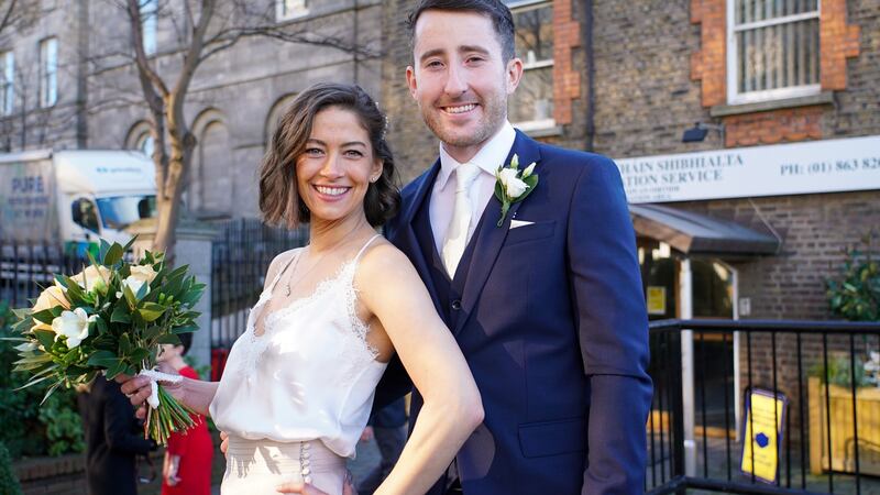 Melanie Reis and Patrick Holohan at the Dublin Registry Office. Photograph: Enda O’Dowd
