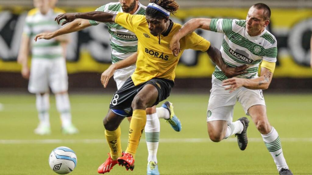 IF Elfsborg’s Mohamed Bangura battles for possession with Celtic’s Scott Brown during last night’s Uefa Champions League qualification game in Boras, Sweden.