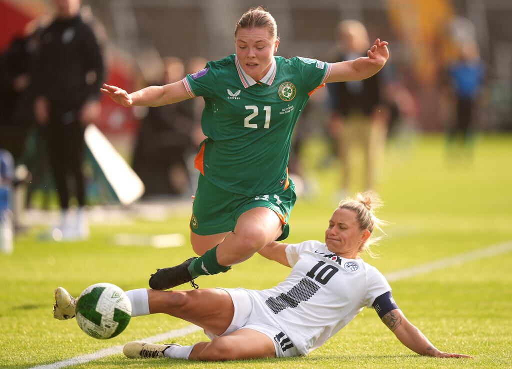 Slovenia's Dominika Conc fouls Republic of Ireland's Emily Murphy. Photograph: Niall Carson/PA