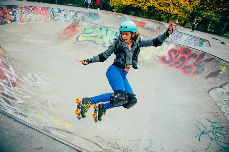 Carla Manija in action mid air skating in Bushy Park Skate Park, Terenure. Photograph: Ruth Medjber