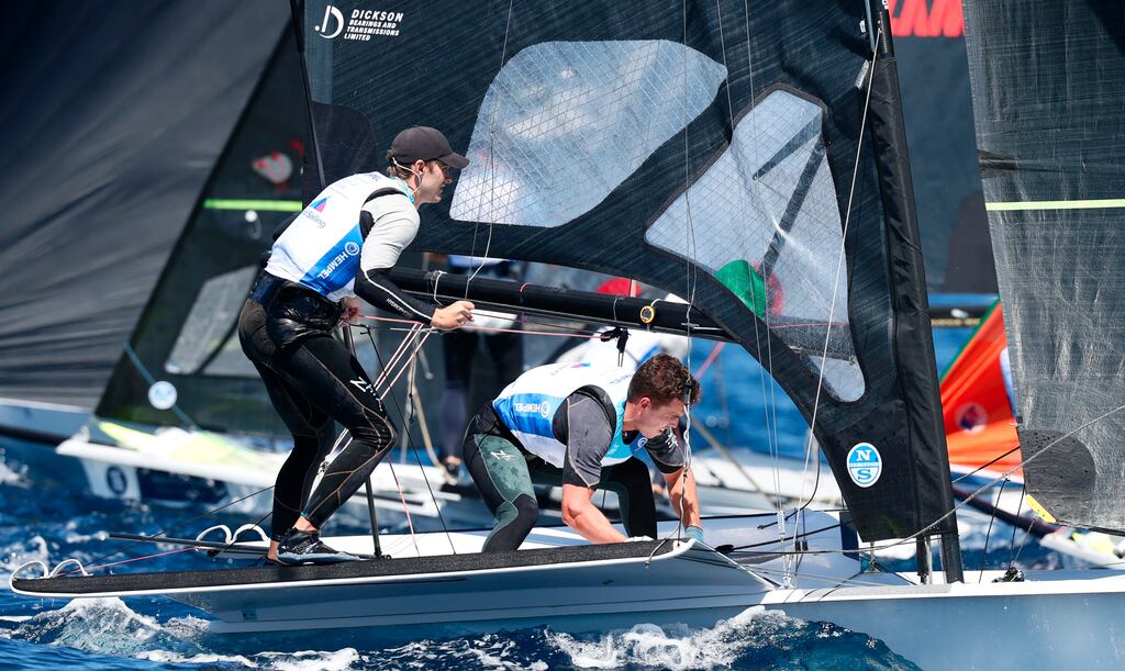 Ireland’s Robert Dickson and Seán Waddilove in action in the 49er skiff class at the Princess Sofia Regatta in Palma, Mallorca. Photograph: David Branigan/Inpho/Oceansport