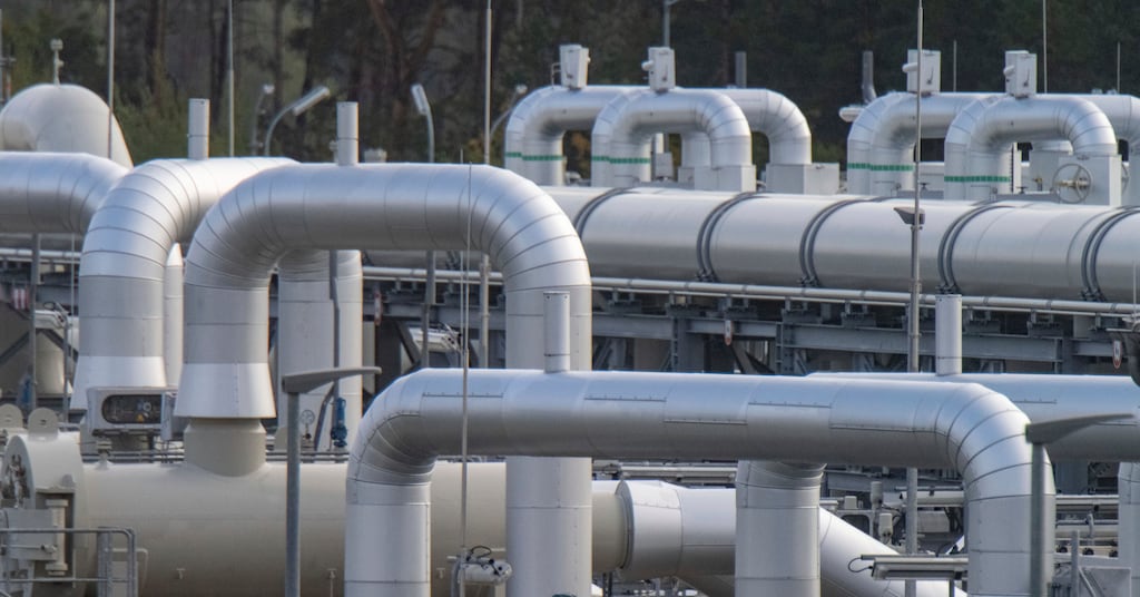 Pipe systems and shut-off devices at the gas-receiving station of Nord Stream 2 in Lubmin, Germany. Photograph: Stefan Sauer/dpa via AP