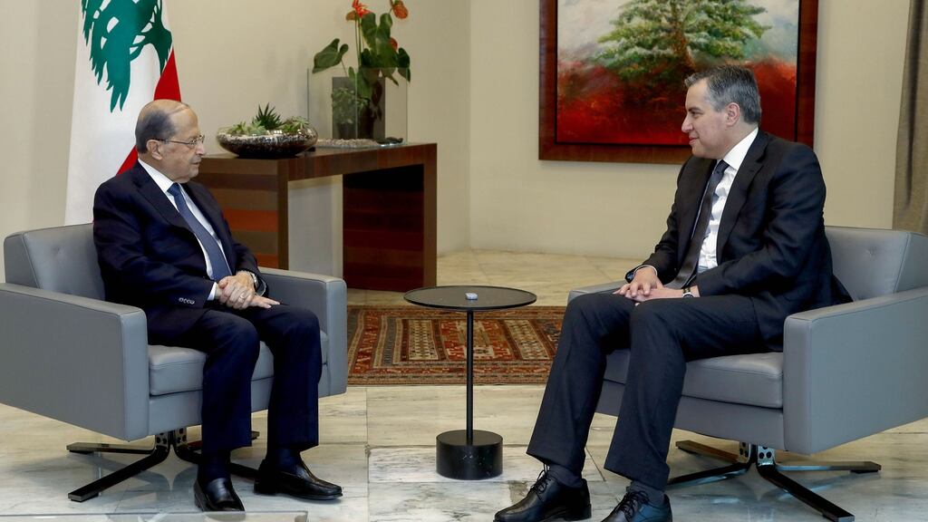 Lebanon’s President Michel Aoun and prime minister-designate Mustapha Adib: Popular rejection of the political elite has intensified since the Beirut port blast. Photograph:  Dalati and Nohra