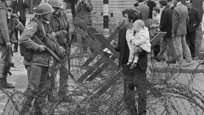 Soldiers and civilians in Northern Ireland during the Troubles in August 1969. Photograph: Evening Standard/Hulton Archive/Getty Images
