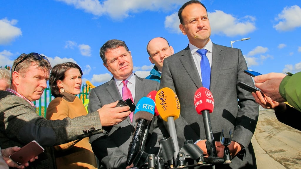 Minister for Finance Paschal Donohoe and Taoiseach Leo Varadkar TD during a visit to the O’Devaney Gardens project in Dublin 7 on Monday. Photograph: Gareth Chaney Collins