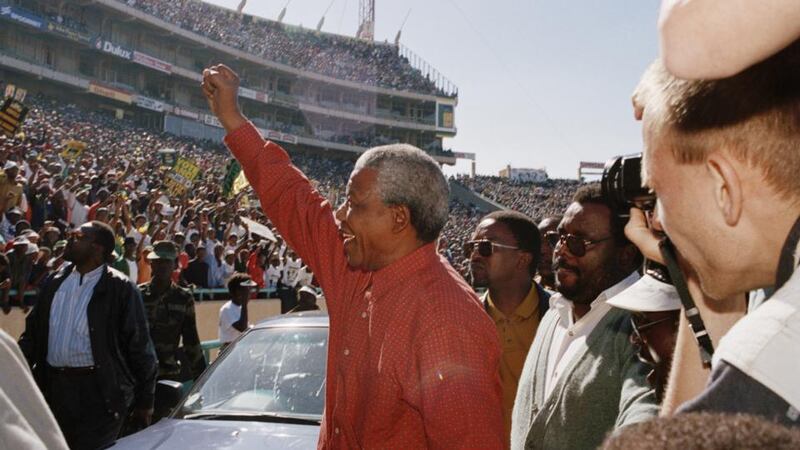 Determined: Nelson Mandela at his last rally before voting. Photograph:   Andy Hall/Getty Images
