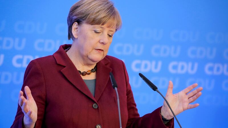 German Chancellor and CDU leader Angela Merkel speaks at a press conference after the closed session meeting of the CDU federal executive in Mainz, Germany on Saturday. Photograph: Frederik Von Erichsen/EPA