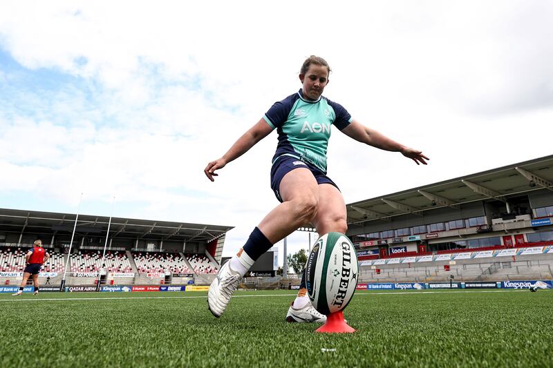 Ireland's Enya Breen takes a kick in training ahead of the Scotland clash. Photograph: Ben Brady/Inpho