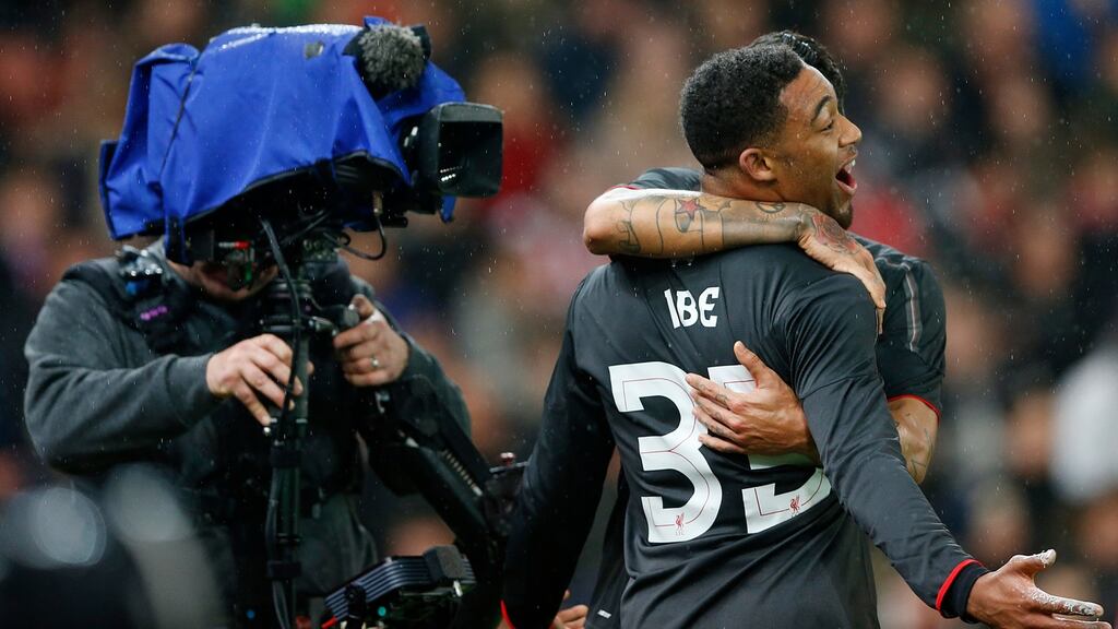 Liverpool’s Jordon Ibe celebrates his goal in the Capital One Cup semi-final first leg against Stoke City at the Britannian Stadium. Photograph: Carl Recine/Action Images via Reuters/Livepic