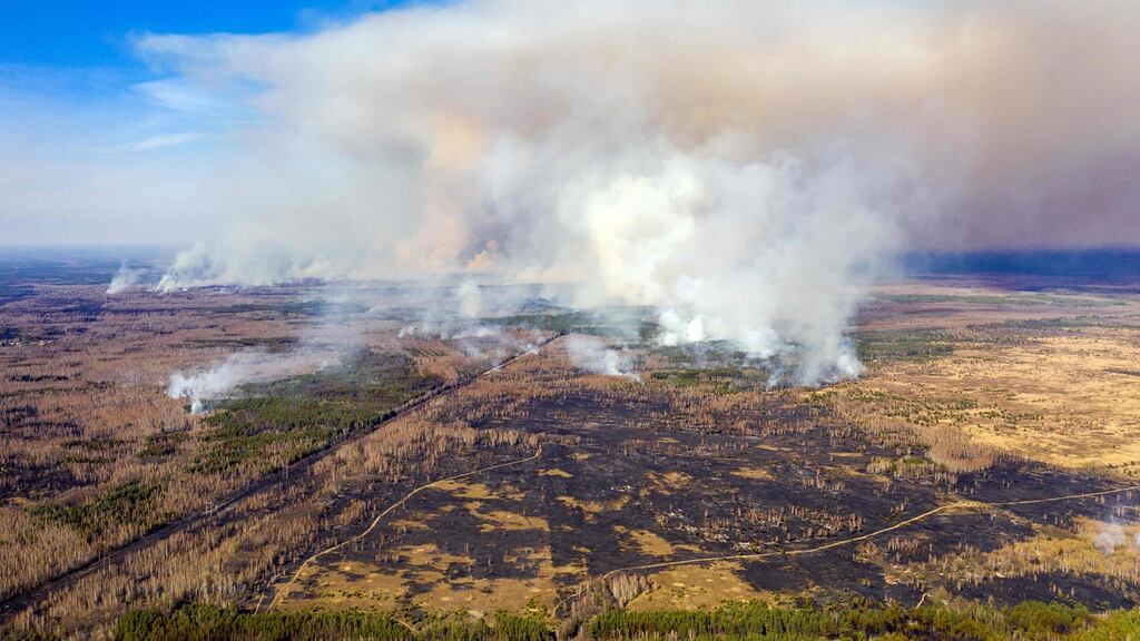 Fire burning at the Chernobyl exclusion zone in Ukraine. Some 500 firefighters battled the blaze that broke out on April 4th. Photograph: Volodymyr Shuvayev/AFP via Getty Images