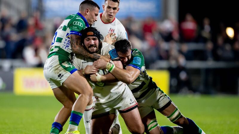 Ulster’s Tom O’Toole is tackled by Marco Zanon and Federico Ruzza of Benetton. Photograph: Morgan Treacy/Inpho