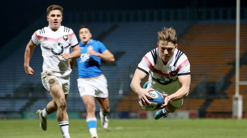 Gervais Cordin scores a try during last year’s under-20 Six Nations. Photo: Bryan Keane/Inpho