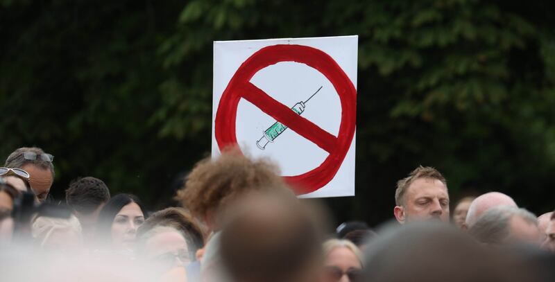 An anti-vaccine placard in the Phoenix Park. Photograph: Collins