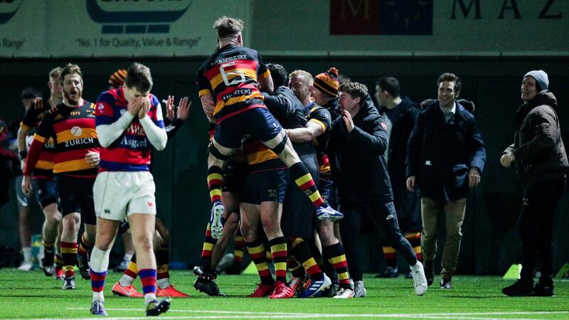 Lansdowne’s Jack O’Sullivan celebrates at the final whistle after they beat Clontarf. Photo: Brian Reilly-Troy/Inpho